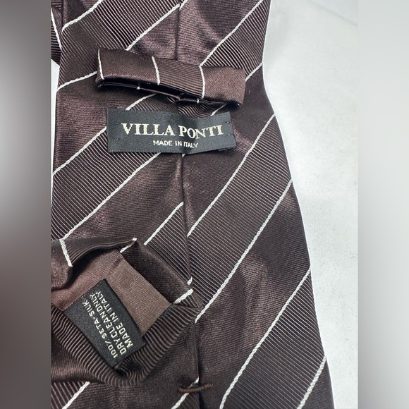 Villa Ponti Designer 100% Seta Silk Brown/White Striped Tie Made in Italy - Picture 7 of 9